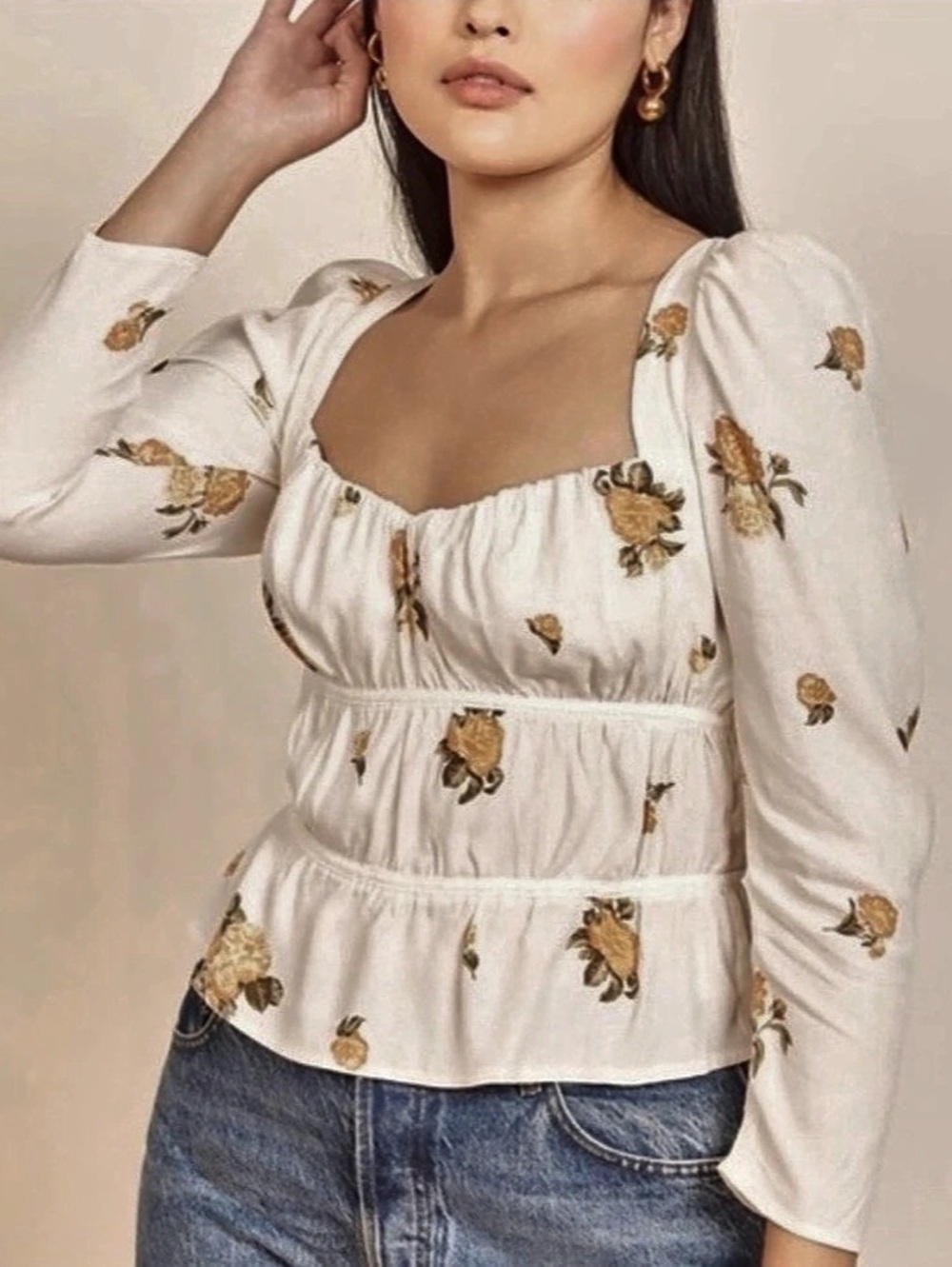 Reformation Plath Top Floral Peplum Blouse in Cream Size large - Picture 3 of 15